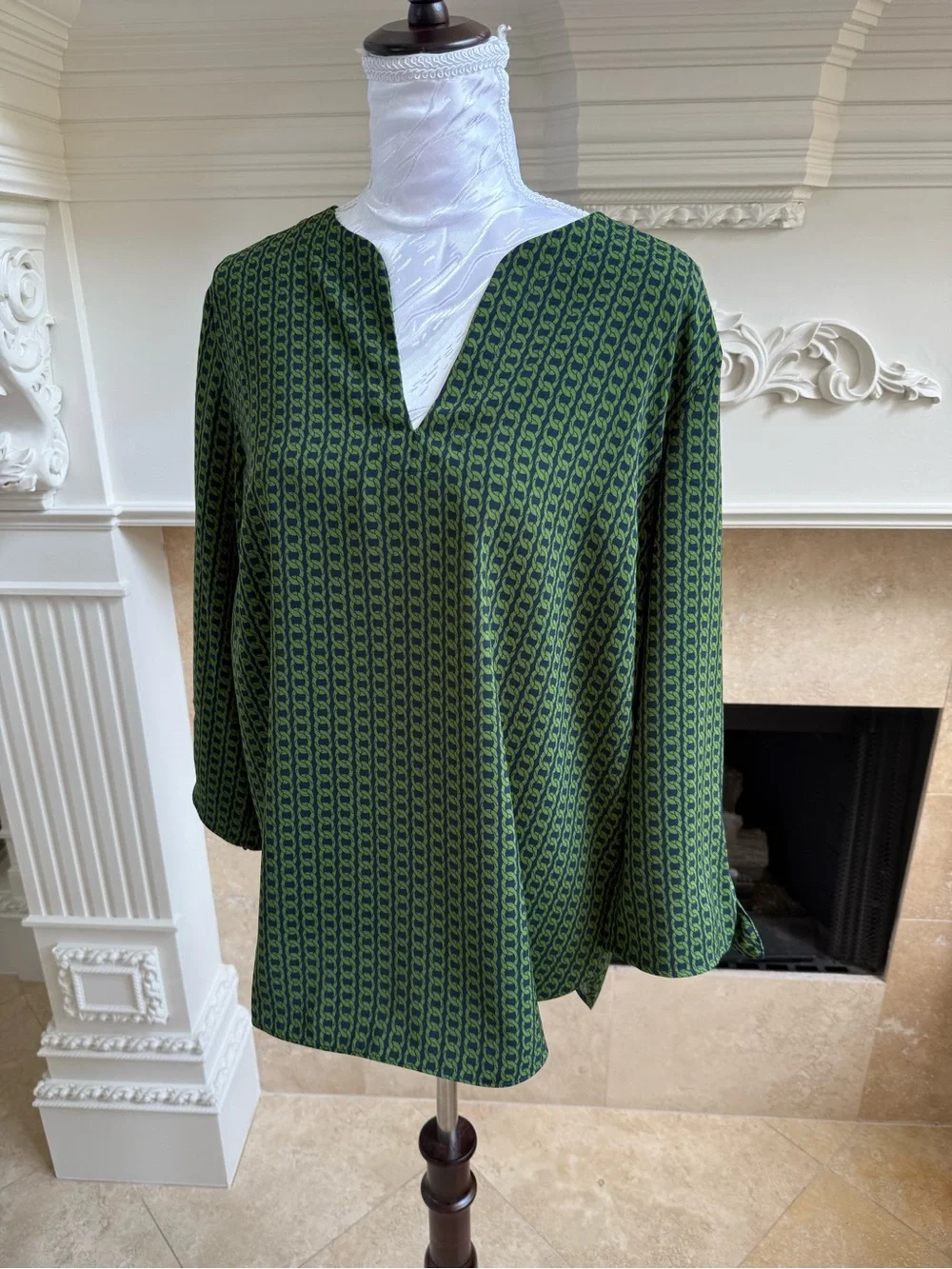 Michael Kors Green Patterned Split-Neck Blouse